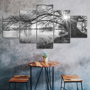 Schwarz Weiß Lonely Tree See Sonne Strahlen Landschaft Leinwand 5 Stück Fünf Panel Wand Druck Moderne Kunst Poster Wohnkultur Geschenk Für Ihn Für Sie