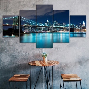 Brooklyn Bridge Manhattan Night City Scenery 5 Piece Five Panel Wall Canvas Print Modern Art Poster Picture Home Decor Gift For Him For Her