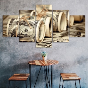 Dollar Bills Benjamin&#39;s Money Rolls Fiat Currency 5 Piece Five Panel Wall Canvas Print Modern Art Poster Picture Home Decor Gift For Him Her