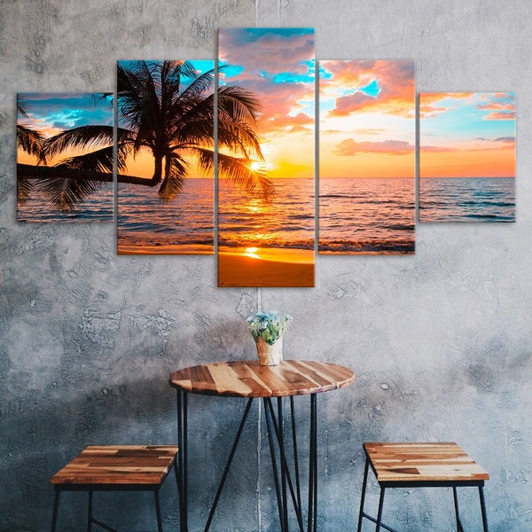 Beautiful Beach Sunset Palm Tree Scene 5 Piece Five Panel Canvas Print Modern Wall Art Poster Home Decor Gift For Him For Her