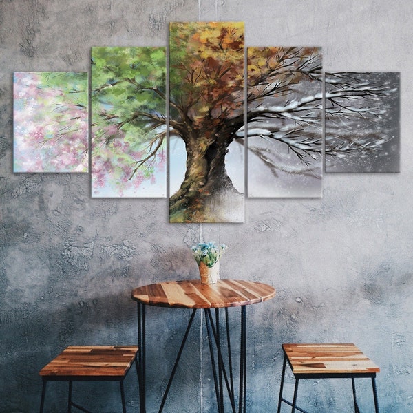 Four Seasons Tree Canvas 5 Piece Five Panel Wall Print Modern Art Poster Home Decor Gift For Lui For Her