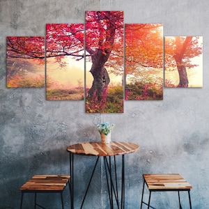 Herbst Bäume Lila Rot Landschaft Leinwand 5 Stück fünf Panel Wanddruck moderne Kunst Poster Home Decor Geschenk für Ihn für Sie