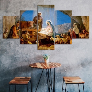 Jesús Nacimiento Cristianismo Pintura religiosa 5 piezas Cinco paneles Lienzo de pared Imprimir Arte moderno Cartel Imagen Decoración del hogar Regalo para él para ella