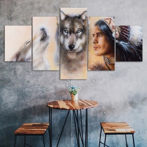 Native Indian Man Wolf Spirit Two Wolves 5 Piece Five Panel Wall Canvas Print Modern Art Poster Picture Home Decor Gift For Him For Her