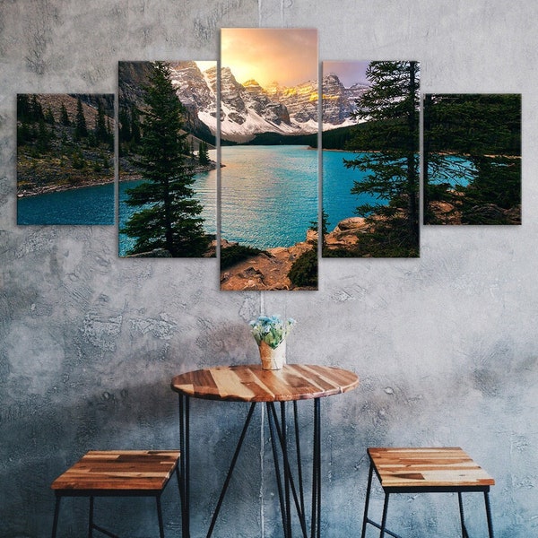 Mountains Lake National Park Canvas 5 Piece Five Panel Wall Print Modern Art Poster Picture Home Decor Gift For Him For Her