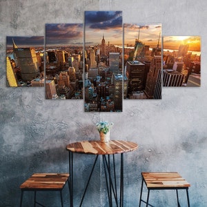 Sunset New York Skyline Empire State Building 5 Piece Five Panel Wall Canvas Print Modern Art Poster Picture Home Decor Gift For Him For Her