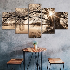 Vintage Tree Sun Rays Lake Scenery 5 Piece Canvas Wall Art Multi Panel Print Modern Nature Poster Home Decor Gift For Him For Her