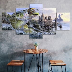 Largemouth Bass Fishing Boat Fisherman 5 Piece Five Panel Wall Canvas Print Modern Art Poster Picture Home Decor Gift For Him For Her