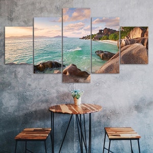 Rocky Seashore Beach Isla tropical 5 piezas cinco paneles Lienzo de pared Imprimir Arte moderno Cartel Imagen Decoración del hogar Regalo para él para ella