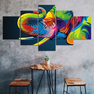 Colorful Elephant Head 5 Piece Five Panel Wall Canvas Print Modern Art Poster Picture Home Decor Gift For Him For Her