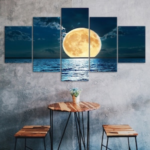 Luna llena Océano oscuro Noche Lienzo 5 piezas Cinco paneles Impresión de pared Cartel de arte moderno Imagen Decoración del hogar Regalo para él