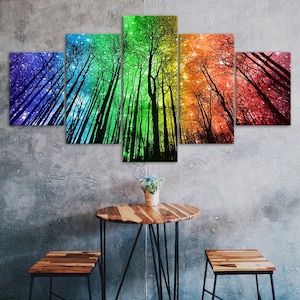 Abstracto Colorido Bosque Starry Sky Canvas 5 Piece Five Panel Wall Print Modern Poster Picture Home Decor Gift For Him For Her