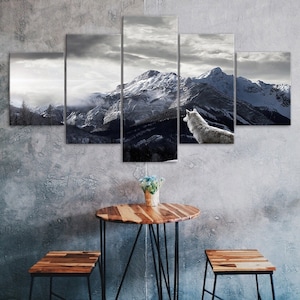 Weißer Wolf Berge Landschaft 5 Stück Leinwand Kunst Multi Panel Druck moderne Wildtier Poster Home Decor Bilder Geschenk für Ihn für Sie