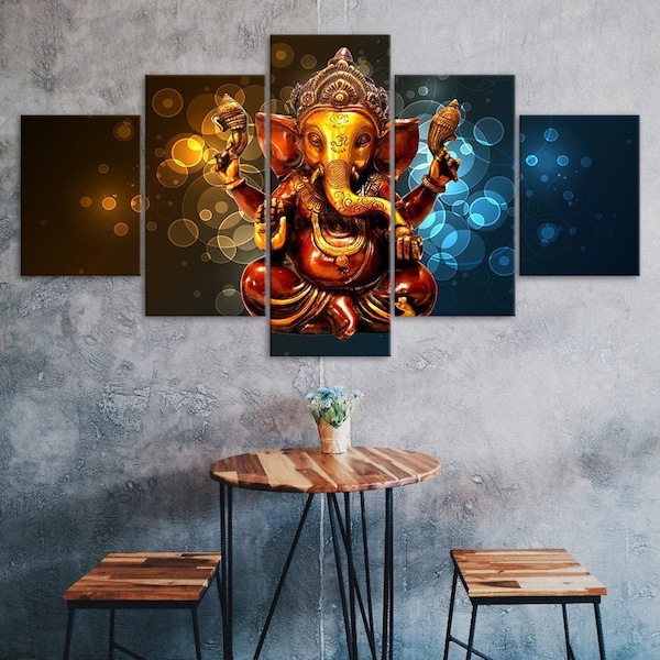 Ganesha Hindu God Elephant Trunk 5 Piece Five Panel Wall Canvas Print Modern Art Poster Picture Home Decor Gift For Him For Her