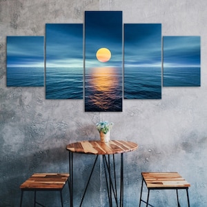 Luna llena sobre el océano Escena 5 piezas cinco paneles Lienzo Imprimir Cartel de arte de pared moderno Decoración del hogar Regalo para él para ella