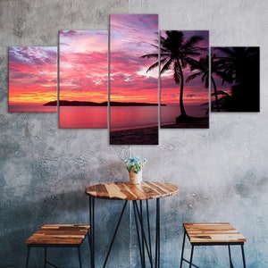 Tropical Island Paradise Sunset Canvas 5 Piece Five Panel Wall Print Modern Art Poster Picture Home Decor Gift For Him For Her