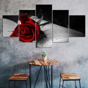 Red Rose Flower Book Scene 5 Piece Five Panel Wall Canvas Print Modern Art Poster Picture Home Decor Gift For Him For Her