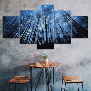 Sternennacht Himmel Blau Wald Bäume Landschaft 5 Stück fünf Panel Wand Leinwanddruck moderne Kunst Poster Bild Home Decor Geschenk für Ihn Sie