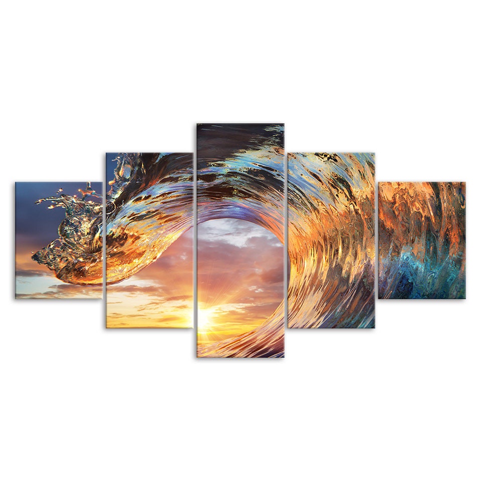 Sunset Beach Wave Ocean Scene 5 Piece Five Panel Wall Canvas Print ...