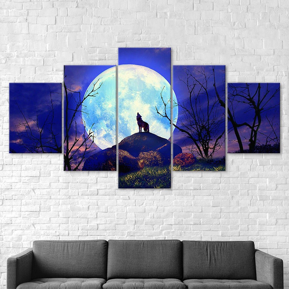Full Moon Night Forest Animal Wolf 5 Piece Five Panel Wall Canvas Print ...