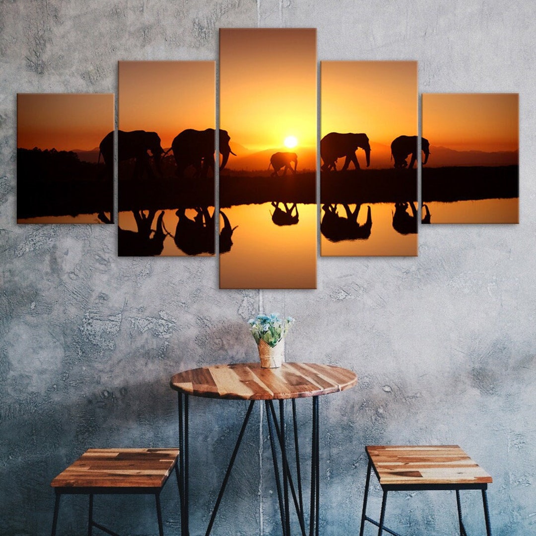 Elephant Group Sunset Silhouette Scene 5 Piece Five Panel Wall Canvas ...