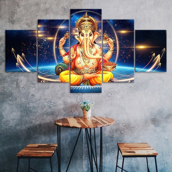 Hindu Elephant Head God Lord Ganesha 5 Piece Five Panel Wall