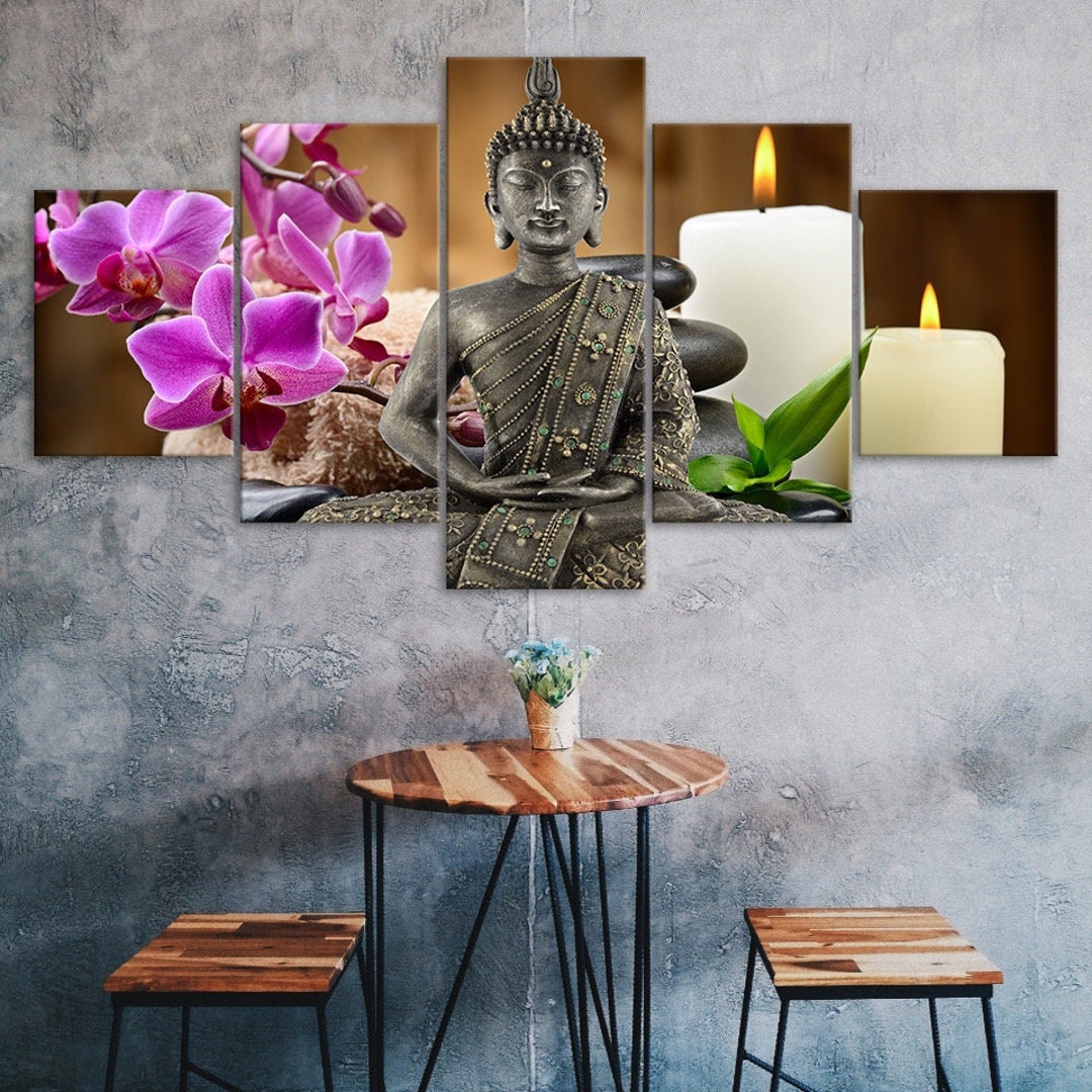 Buddha Meditation Candles Flowers Scenery 5 Piece Five Panel Wall ...