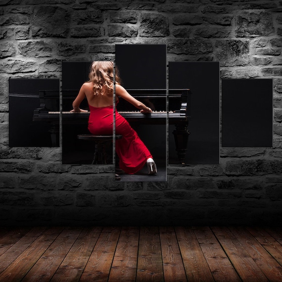 lady in red dress playing piano Red Dress Woman Playing Piano Canvas 5 Piece Five Panel Wall Print Modern  Art Poster Picture Home Decor Gift for Him for Her