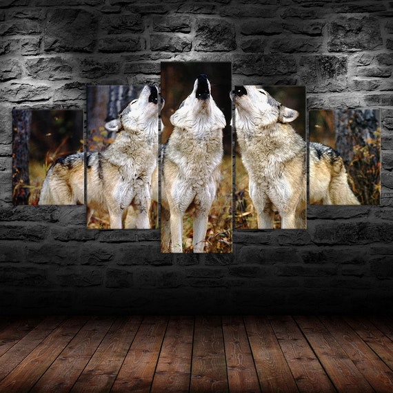 Wolf Pack Howling 5 Piece Five Panel Wall Canvas Print Modern