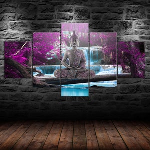 Buddha Waterfall Purple Tree Scene Canvas 5 Piece Five Panel Wall Print ...