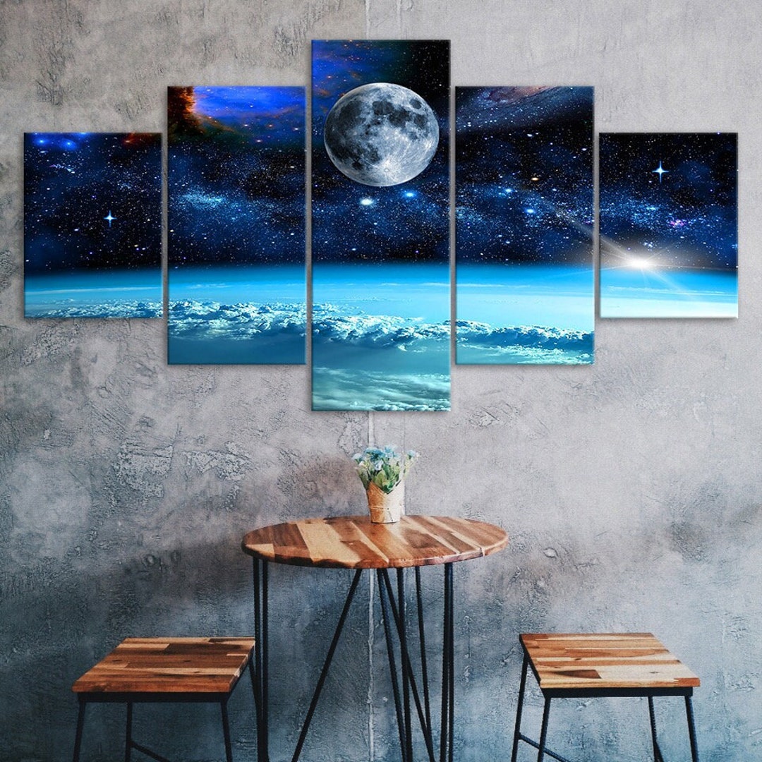 Full Moon Starry Space Sky 5 Piece Canvas Wall Art Multi Panel Print ...