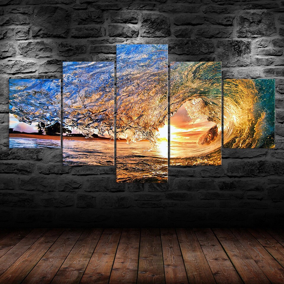 Ocean Wave Sunset Beach Scenery 5 Piece Five Panel Canvas Print Modern ...