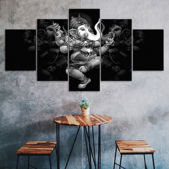 Ganesha Hindu Elephant God Black Scenery 5 Piece Five Panel Wall