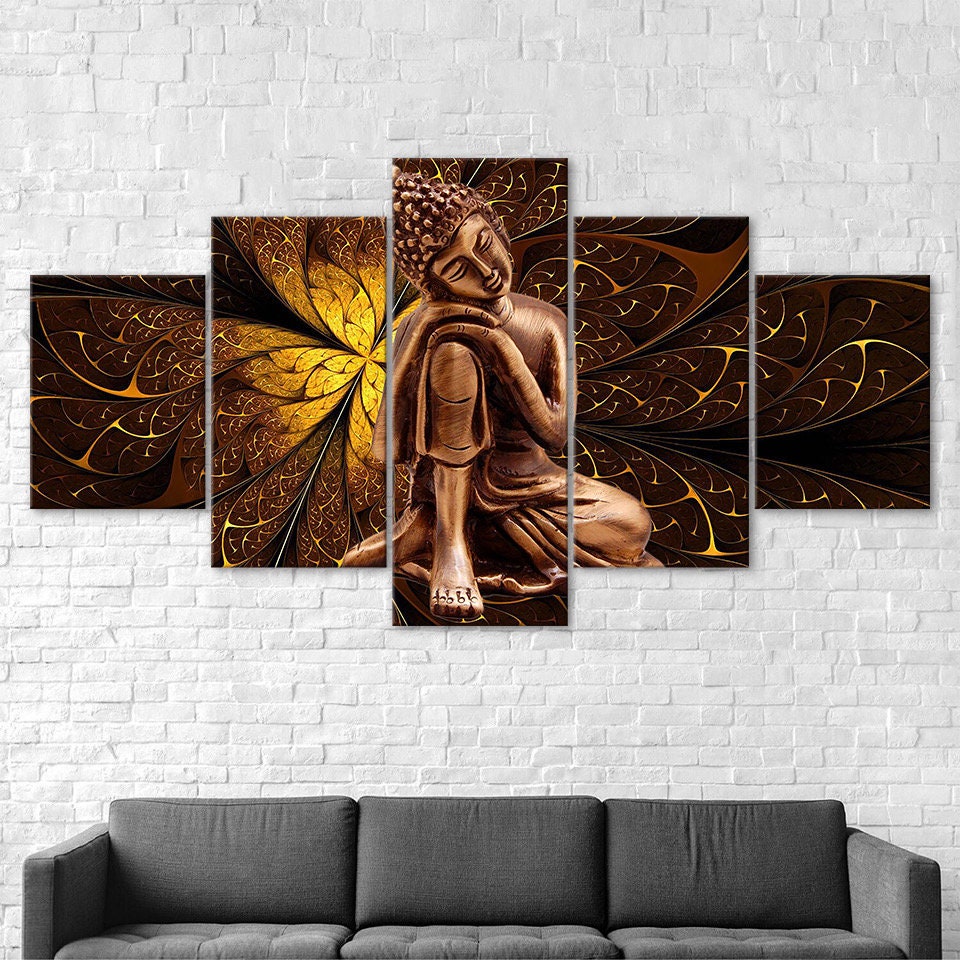 Buddha Figure Golden Flower Scenery 5 Piece Five Panel Wall Canvas ...