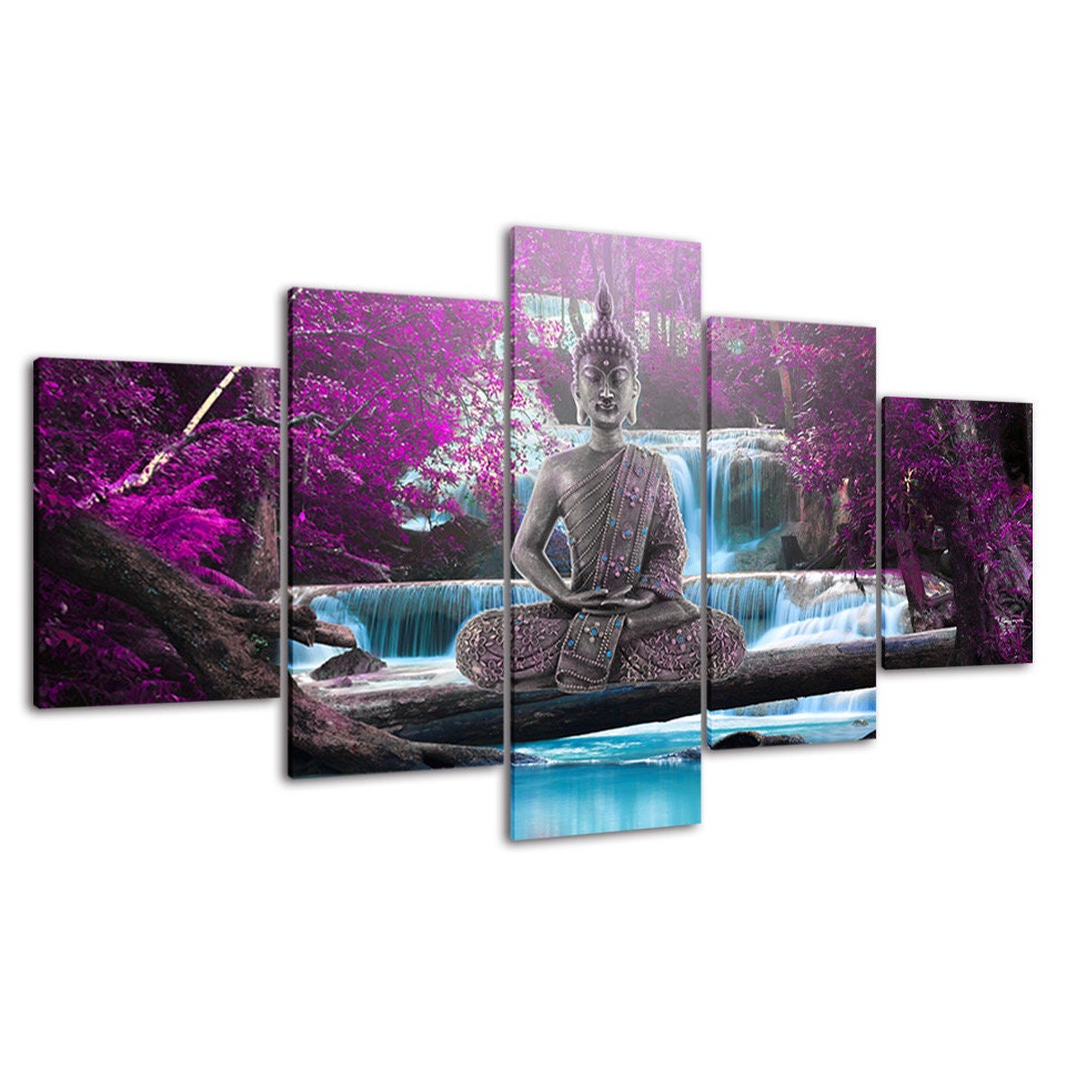 Buddha Waterfall Purple Tree Scene Canvas 5 Piece Five Panel Wall Print ...