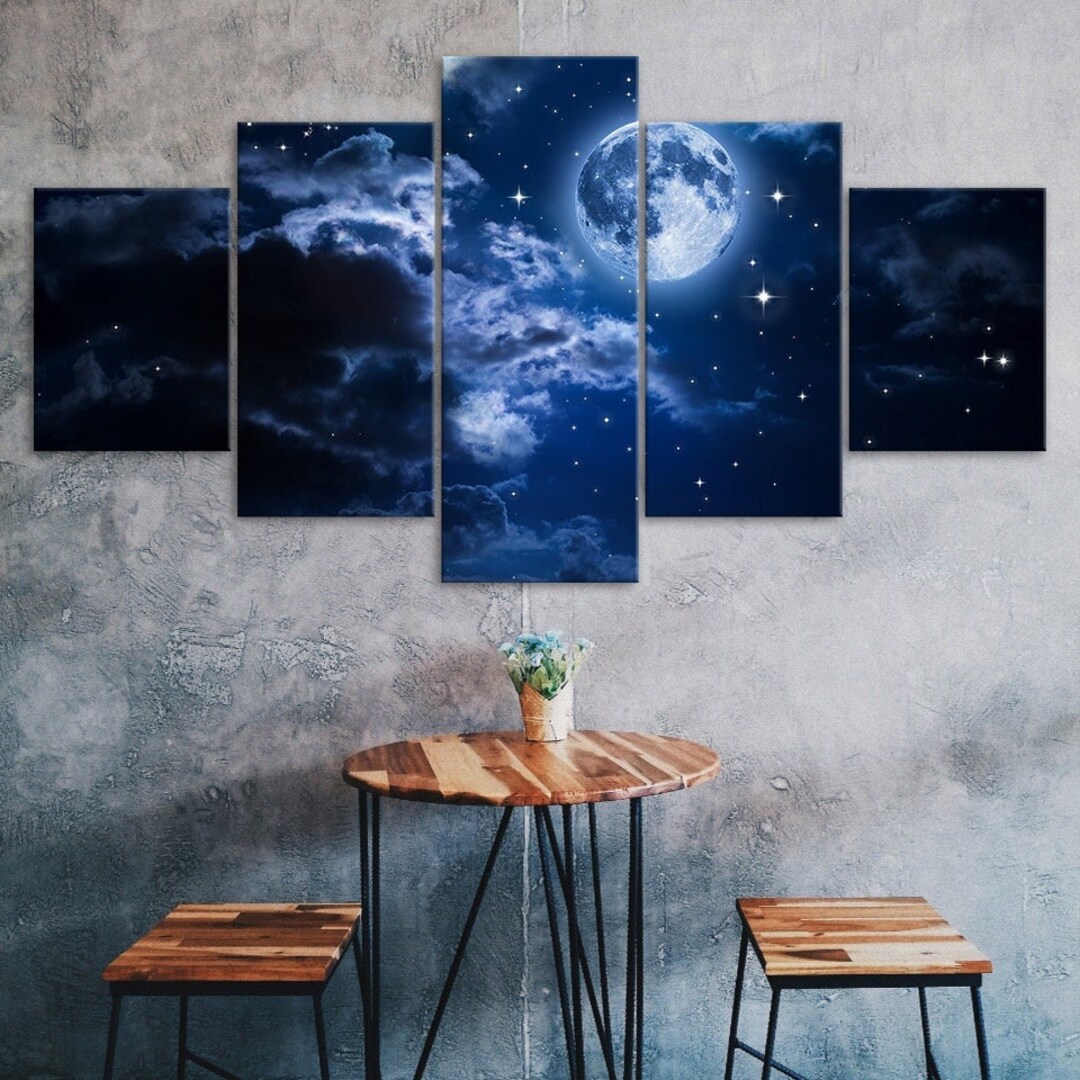 Full Moon Cloudy Starry Night Sky 5 Piece Canvas Wall Art Multi Panel ...