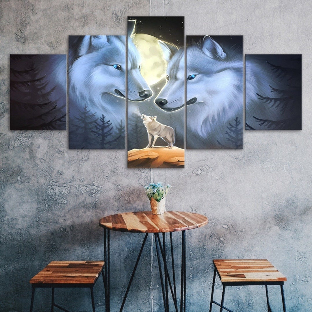 Wolf Family Full Moon Night 5 Piece Five Panel Wall Canvas Print Modern ...