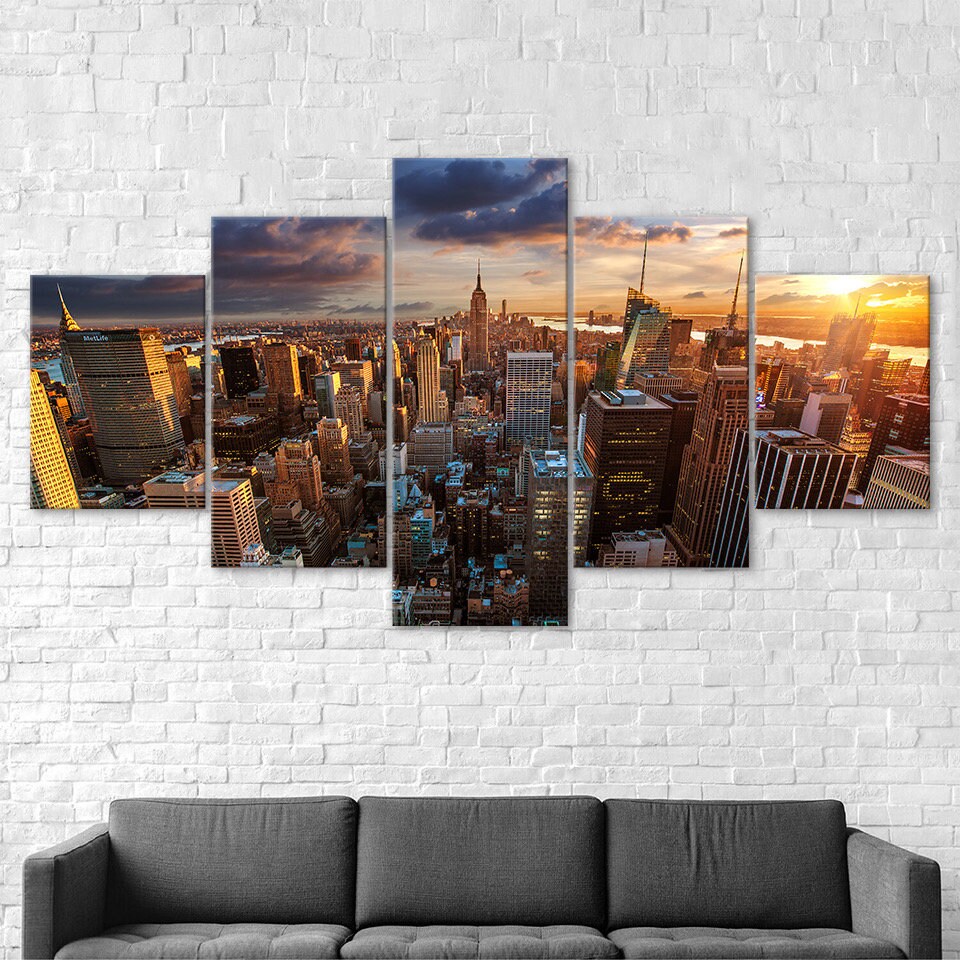Sunset New York Skyline Empire State Building 5 Piece Five Panel Wall ...