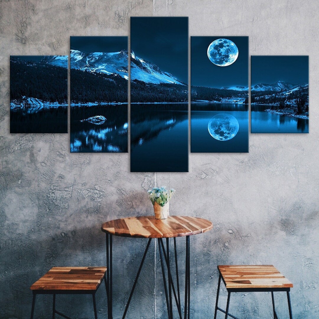Full Moon Blue Night Mountain Lake Landscape Scene 5 Piece Five Panel ...