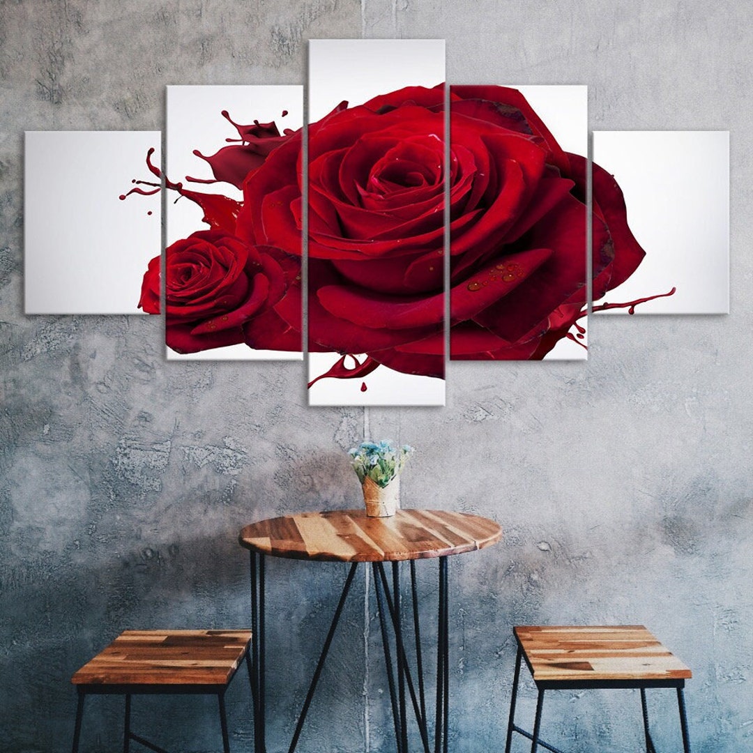 Red Rose Flower 5 Piece Five Panel Wall Canvas Print Modern Art Poster ...