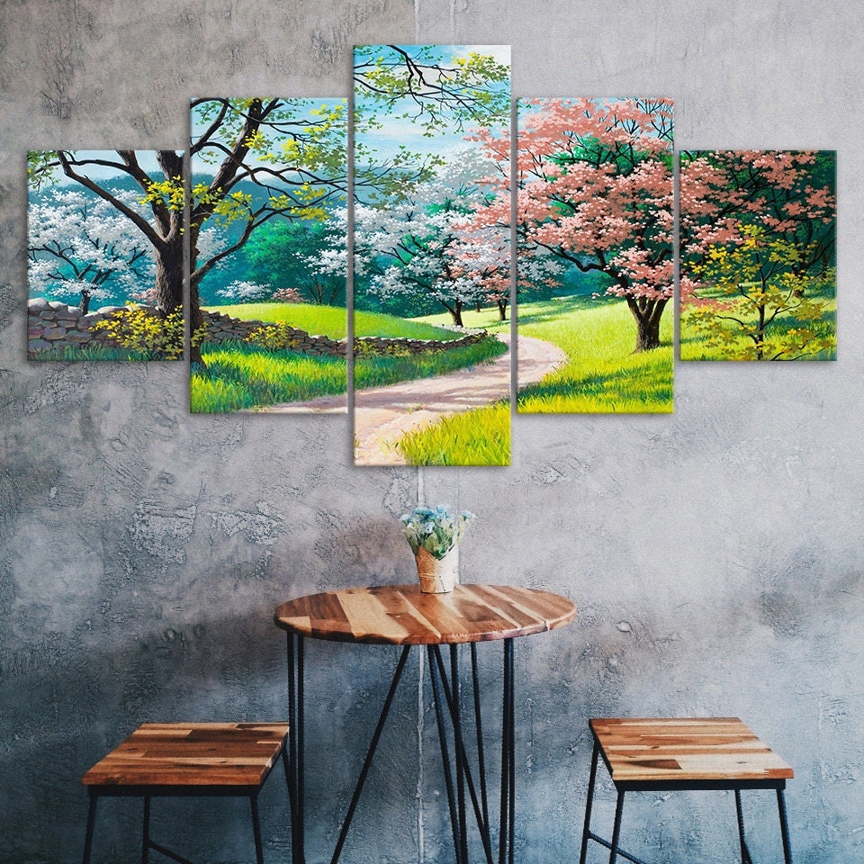 Spring Garden Path Trees Flowers Canvas 5 Piece Five Panel Wall Print Modern Art Poster Picture Home Decor Gift For Him For Her