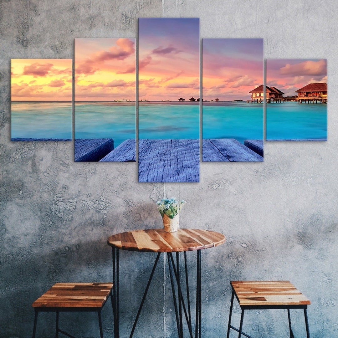 Ocean View Resort Sunrise Seascape 5 Piece Five Panel Wall Canvas Print ...