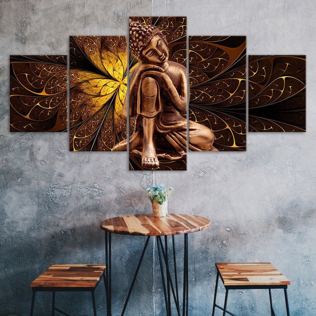 Buddha Figure Golden Flower Scenery 5 Piece Five Panel Wall Canvas ...