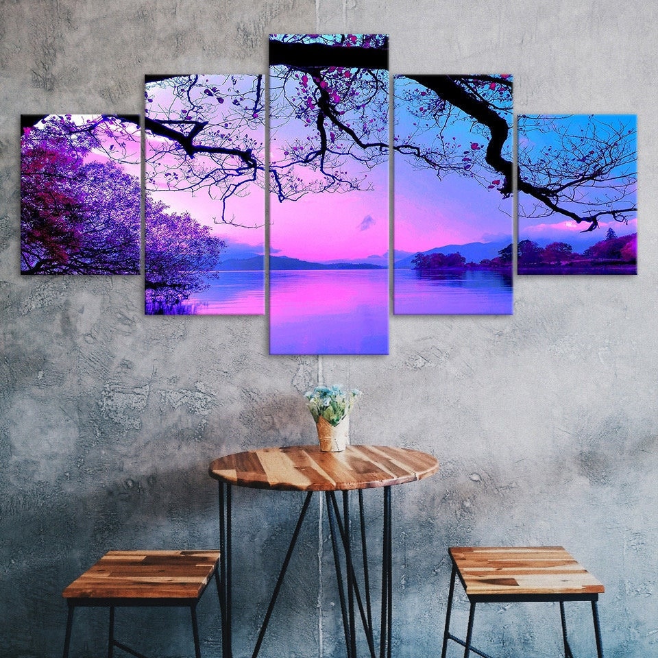 Purple Trees Lake Sunset Nature Landscape Canvas 5 Piece Five