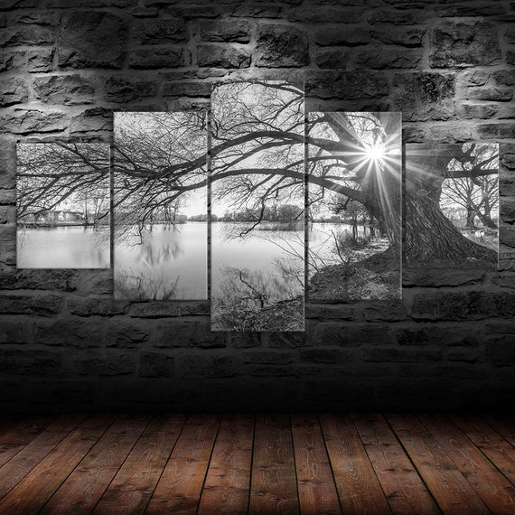 Black and White Lonely Tree Lake Sun Beams Scenery Canvas 5 Piece