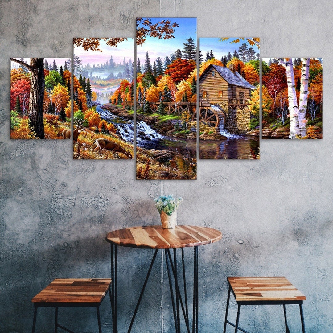 Autumn House Forest Trees River Stream Landscape Canvas 5 Piece Five ...