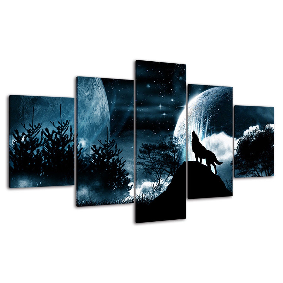 Full Moon Night Starry Sky Wolf Roar 5 Piece Five Panel Wall Canvas ...