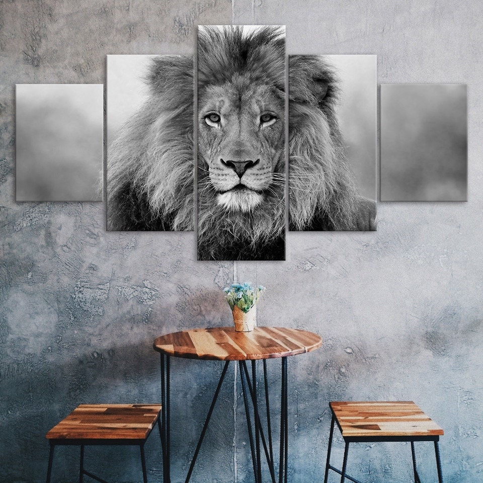 Lion Glare Black White Scene 5 Piece Five Panel Wall Canvas Print
