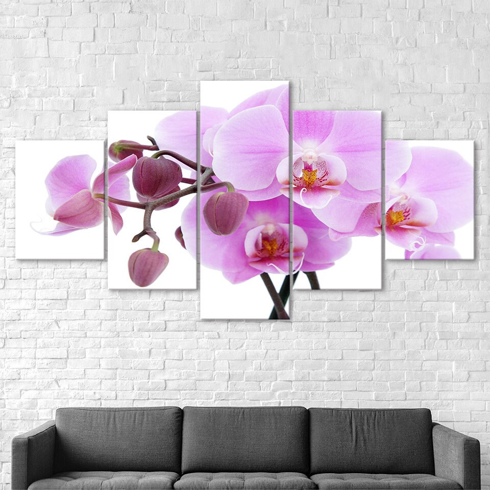 Pink Orchid Flower White Background 5 Piece Five Panel Wall Canvas ...