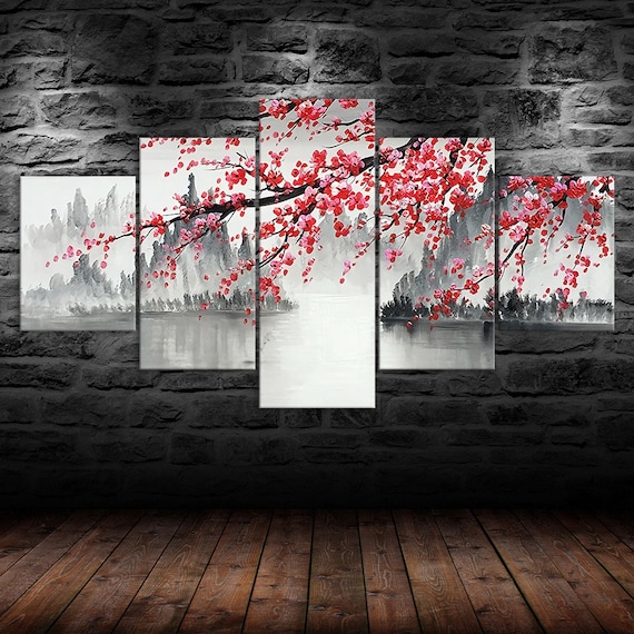 Chinese Sakura Scenery Painting 5 Piece Five Panel Wall Canvas
